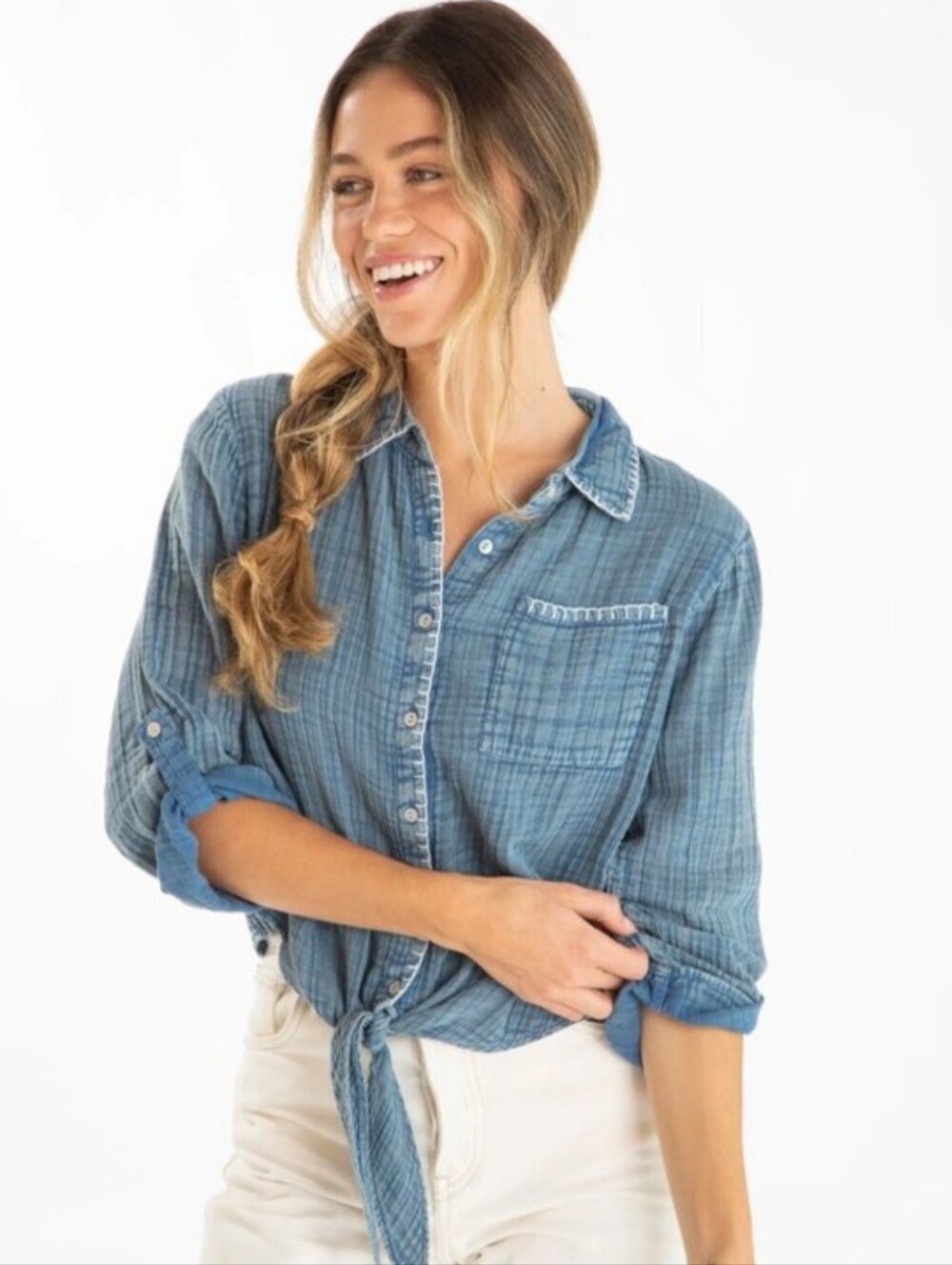 NATURAL LIFE LOLA TIE COTTON BUTTON DOWN TOP